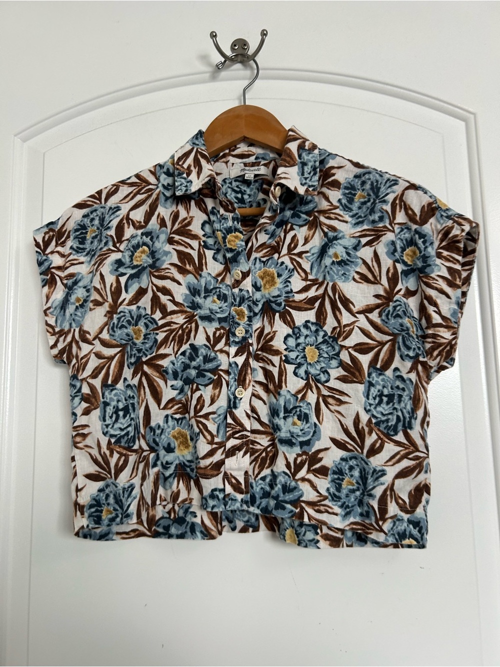 Madewell Cropped Floral 100% Linen Button-Up shirt Size XS coastal chic summer